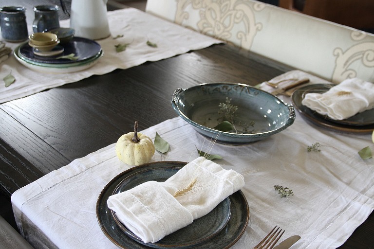 Fall Tablescape with blue and white