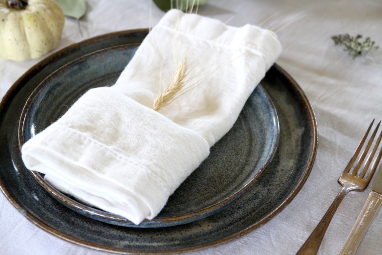 White Napkin and Blue Clay Plate